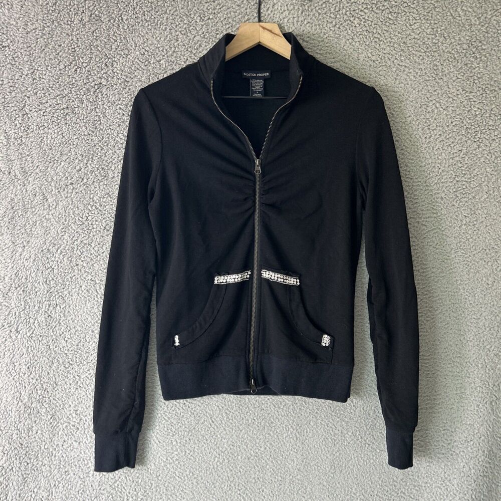 BOSTON PROPER Y2K Bling Hoodie Womens Small Black Fleur De Lis Rhinestone Jacket - Picture 2 of 11